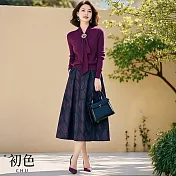 【初色】輕奢風飄帶修身長袖上衣女上衣+印花A字半身裙長裙-紫色-11163(M-2XL可選) M 紫色
