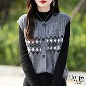 【初色】休閒撞色菱格紋緹花單排扣圓領無袖外搭加厚馬甲毛衣針織衫背心女背心-共2色-11134(F可選) F 深灰