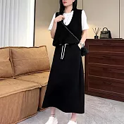 【MsMore】 條紋拼接短袖時尚套裝假兩件針織半身長裙2件式# 124657 FREE 黑色