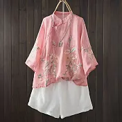 【ACheter】 復古刺繡棉麻文藝新中式立領斜襟盤扣七分袖氣質短版上衣# 124671 M 粉紅色
