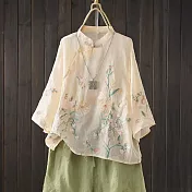 【ACheter】 復古刺繡棉麻文藝新中式立領斜襟盤扣七分袖氣質短版上衣# 124671 M 杏色