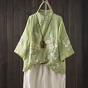 【ACheter】 復古刺繡棉麻文藝新中式立領斜襟盤扣七分袖氣質短版上衣# 124671 M 綠色
