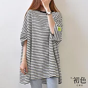 【初色】圓領撞色條紋五分短袖標籤裝飾寬鬆中長款T恤上衣女上衣-共2色-33440(F可選) F 白色