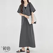 【初色】簡約風純色直筒寬鬆拉鍊領五分短袖連衣裙連身洋裝長洋裝-共3色-11213(M-4XL可選) XL 灰色