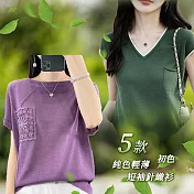 【初色】純色簡約輕薄圓領V領短袖針織衫上衣女上衣-共5款任選-11091(F可選) F A.墨綠色