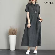【AMIEE】日式純色棉麻翻領連身裙洋裝(KDDY-8184) M 深灰