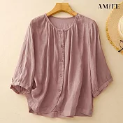 【AMIEE】純色圓領五分袖襯衫女上衣(KDTY-8058) M 粉色