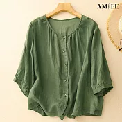 【AMIEE】純色圓領五分袖襯衫女上衣(KDTY-8058) M 綠色