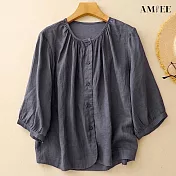 【AMIEE】純色圓領五分袖襯衫女上衣(KDTY-8058) M 藏藍