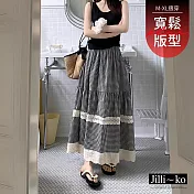 【Jilli~ko】鬆緊高腰蕾絲花邊拼接格子蛋糕裙 8824  FREE 灰色