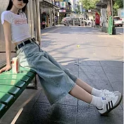 【Jilli~ko】美式復古高腰寬鬆闊腿七分牛仔褲 L-XL J12188 M 藍色