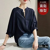 【Jilli~ko】復古寬鬆圓領百搭休閒七分袖襯衫 J12184  FREE 深藍色