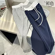 【初色】美式復古撞色寬鬆顯瘦拼接抽繩高腰闊腿運動休閒褲寬褲長褲-共3色-11215(M-2XL可選) M 藏青色