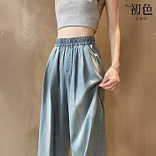 【初色】天絲純色百搭垂感寬鬆高腰顯瘦牛仔褲闊腿褲休閒褲寬褲長褲-共3色-11079(M-XL可選) M 藍色
