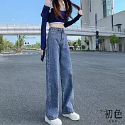 【初色】韓版純色垂感高腰牛仔褲闊腿褲拖地褲直筒褲休閒褲寬褲長褲-共9色-39326(M-2XL可選) M 深藍色