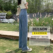 【初色】韓版純色垂感高腰牛仔褲闊腿褲拖地褲直筒褲休閒褲寬褲長褲-共9色-39326(M-2XL可選) M 深藍色
