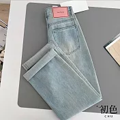 【初色】休閒風純色垂感高腰顯瘦闊腿直筒窄版牛仔長褲-共2色-11191(M-2XL可選) M 藍色