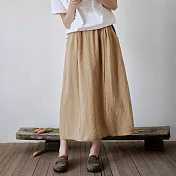 【ACheter】 棉麻感花苞半身裙鬆緊腰後口袋繡花文藝感日系風格長裙# 124768 M 棕色