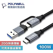 POLYWELL 寶利威爾 PW15-W45-M891 USB-C to C 轉 USB-A 100W Gen2 4K 傳輸線 二合一 編織 快充 1M
