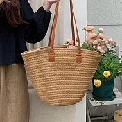 【MISUÉ】大容量草編沙灘包/度假編織水桶包/托特包/媽媽包 -卡其色