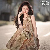 【初色】暈染漸變印花圓領無袖中長連衣裙連身洋裝-花色-11475(M-XL可選) M 花色
