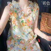 【初色】度假風彩色印花木耳邊寬鬆無袖短裙連衣裙連身洋裝中短洋裝-花色-11464(M-2XL可選) M 花色