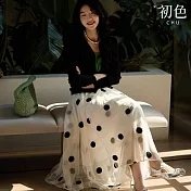 【初色】撞色黑白波點大圓點鬆緊腰網紗寬鬆中長裙半身裙長裙-共2色-11513(M-3XL可選) M 米色