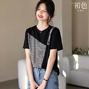 【初色】圓領不對稱撞色格紋拼接鈕扣短袖T恤上衣女上衣-灰黑色-33977(M-2XL可選) M 灰黑色
