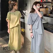 【初色】簡約寬鬆圓領短袖T恤上衣女上衣+純色鬆緊腰半身裙中長裙套裝-共2色-11377(M-2XL可選) M 綠色