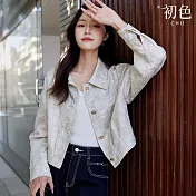 【初色】緹花翻領長袖襯衫休閒百搭短外套女外套-淺灰色-11727(M-3XL可選) M 淺灰色