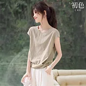 【初色】休閒別緻收腰顯瘦背後開叉襯衫上衣女上衣-卡其綠-11691(M-2XL可選) L 卡其綠