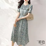 【初色】花邊領收腰顯瘦碎花印花泡泡短袖連身中長裙洋裝-花色-11678(M-2XL可選) M 花色