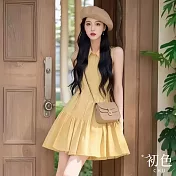 【初色】法式立領素色褶皺裙襬收腰顯瘦無袖連身裙洋裝-黃色-11700(M-XL可選) M 黃色