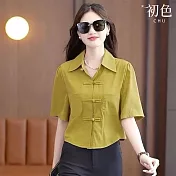 【初色】中國風氣質寬鬆純色胸口袋單排扣盤扣翻領短袖小衫襯衫上衣女上衣-共3色-11410(M-4XL可選) M 黃色