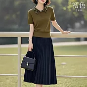 【初色】拼接翻領短袖針織衫上衣女上衣+純色百褶修身半身裙套裝-綠衣黑裙-11716(F可選) F 綠衣黑裙