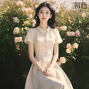 【初色】法式小香風收腰顯瘦純色單排扣POLO領短袖襯衫裙A字裙連衣裙連身洋裝-米白色-11722(M-2XL可選) M 米白色