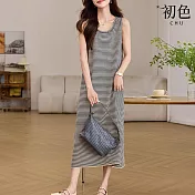 【初色】韓系慵懶條紋寬鬆圓領無袖背心連衣裙連身洋裝長洋裝-條紋-11724(F可選) F 條紋
