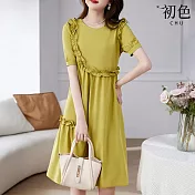 【初色】淑女風純色木耳邊收腰圓領短袖A字中長裙連衣裙連身洋裝長洋裝-黃綠色-11696(M-2XL可選) M 黃綠色