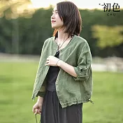 【初色】文藝薄款純色棉麻透氣防曬氣質圓領五分袖開衫外套女外套-淺綠色-11873(M-2XL可選) M 淺綠色