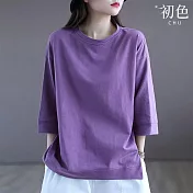 【初色】純色棉麻風寬鬆顯瘦圓領七分長袖T恤上衣女上衣-共3色-11413(M-2XL可選) M 紫色