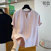 【初色】簡約復古褶皺感純色寬鬆V領短袖襯衫上衣女上衣-共3色-11850(L-2XL可選) L 粉紅色