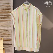 【初色】通勤風復古彩色條紋翻領單排釦蝙蝠袖寬鬆襯衫上衣女上衣-黃色-11864(M-2XL可選) L 黃色