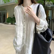 【初色】復古中式禪意風薄款寬鬆純色單排銀扣圓領長袖防曬襯衫外套女外套-白色-11826(M-2XL可選) M 白色