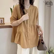 【初色】純色簡約圓領短袖不對稱荷葉邊寬鬆襯衫上衣女上衣-共3色-11842(M-3XL可選) 3XL 桔色