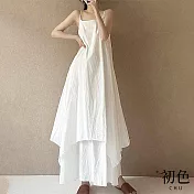 【初色】純色細肩吊帶拼接層次連身裙長裙連衣洋裝-共2色-11769(L-2XL可選) L 白色