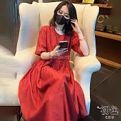 【初色】復古風文藝刺繡圓領短袖連身裙長裙連衣洋裝-共2色-11771(M-2XL可選) M 紅色