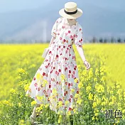 【初色】文藝風拼接V領短袖收腰綁帶碎花連身裙長裙連衣洋裝-花色-11775(M-2XL可選) M 花色