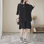 【初色】純色圓領七分長袖T恤上衣女上衣+寬鬆休閒褲寬褲短褲套裝-共3色-11442(L-4XL可選) L 灰色