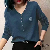 【初色】純色印花V領長袖T恤上衣女上衣-共3色-11443(M-4XL可選) M 藍色