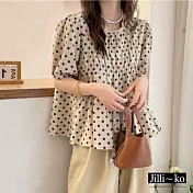 【Jilli~ko】泡泡袖波點A字棉麻襯衫 12202  FREE 杏色